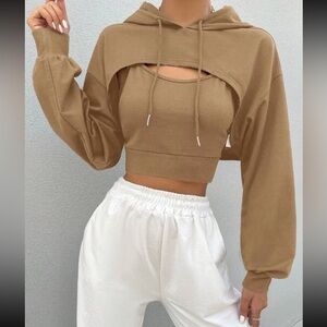NWOT SHEIN EZwear Solid Drop Shoulder Super Crop Drawstring Hoodie & Cami Top